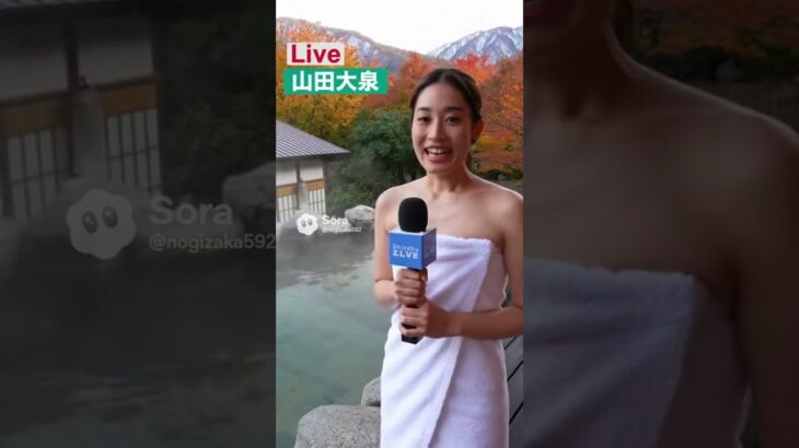 女子アナがバスタオル姿で山田温泉をレポート